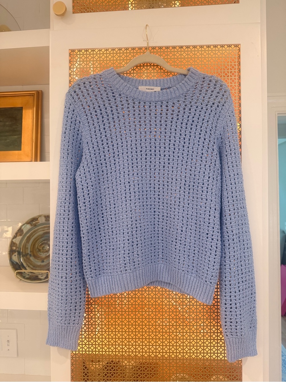 Frame Denim Open-Knit Crewneck Sweater in Light Blue! Large! EUC